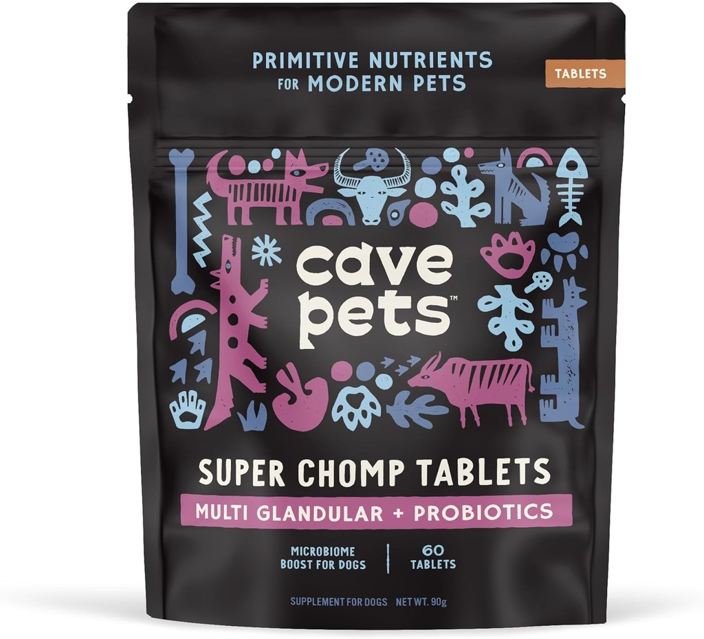 Jamski hišni ljubljenčki, Super Chomp tablete, pasji probiotični dodatek za digestivno zdravje, multi-Glandularna & probiotiki, 60 tablet