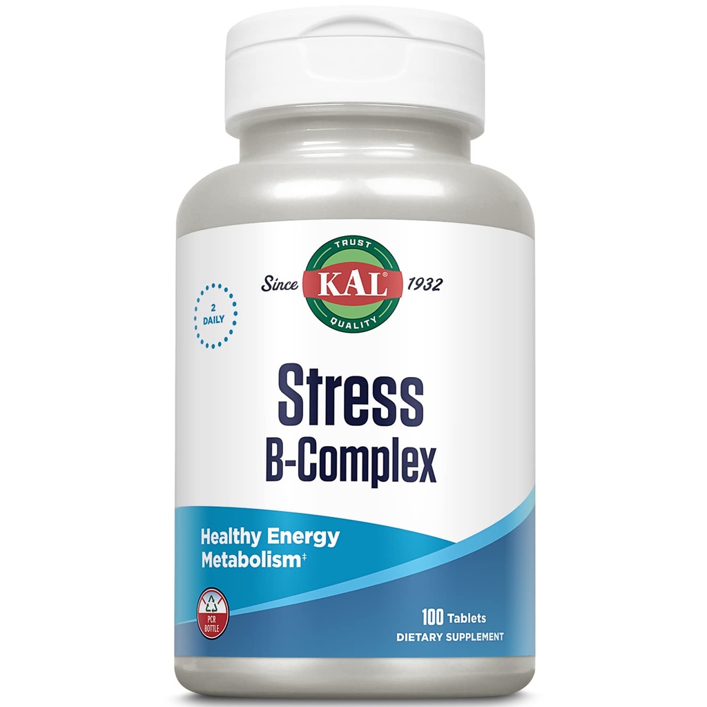 KAL Stres B kompleks vitamin dodatek, Vitamin B kompleks za energijo, stres, formiranje rdečih krvnih celic in imunske podpore, z vitaminom B12, B6 in folna kislina, 60-dnevno garancijo, 50 Serv, 100 tablet