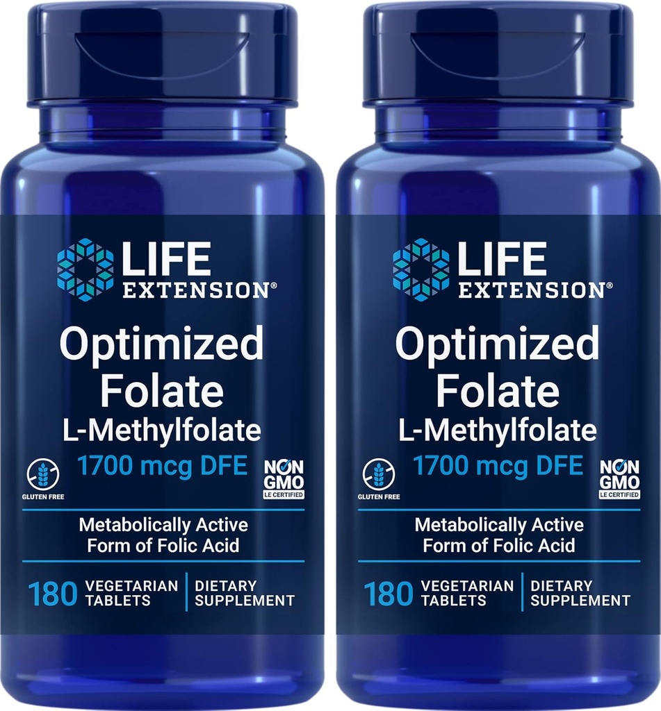 Optimiziran folat za podaljšanje življenja (L-metilfolat) 1700 μg DFE, 180 Veg tablet (paket z 2)