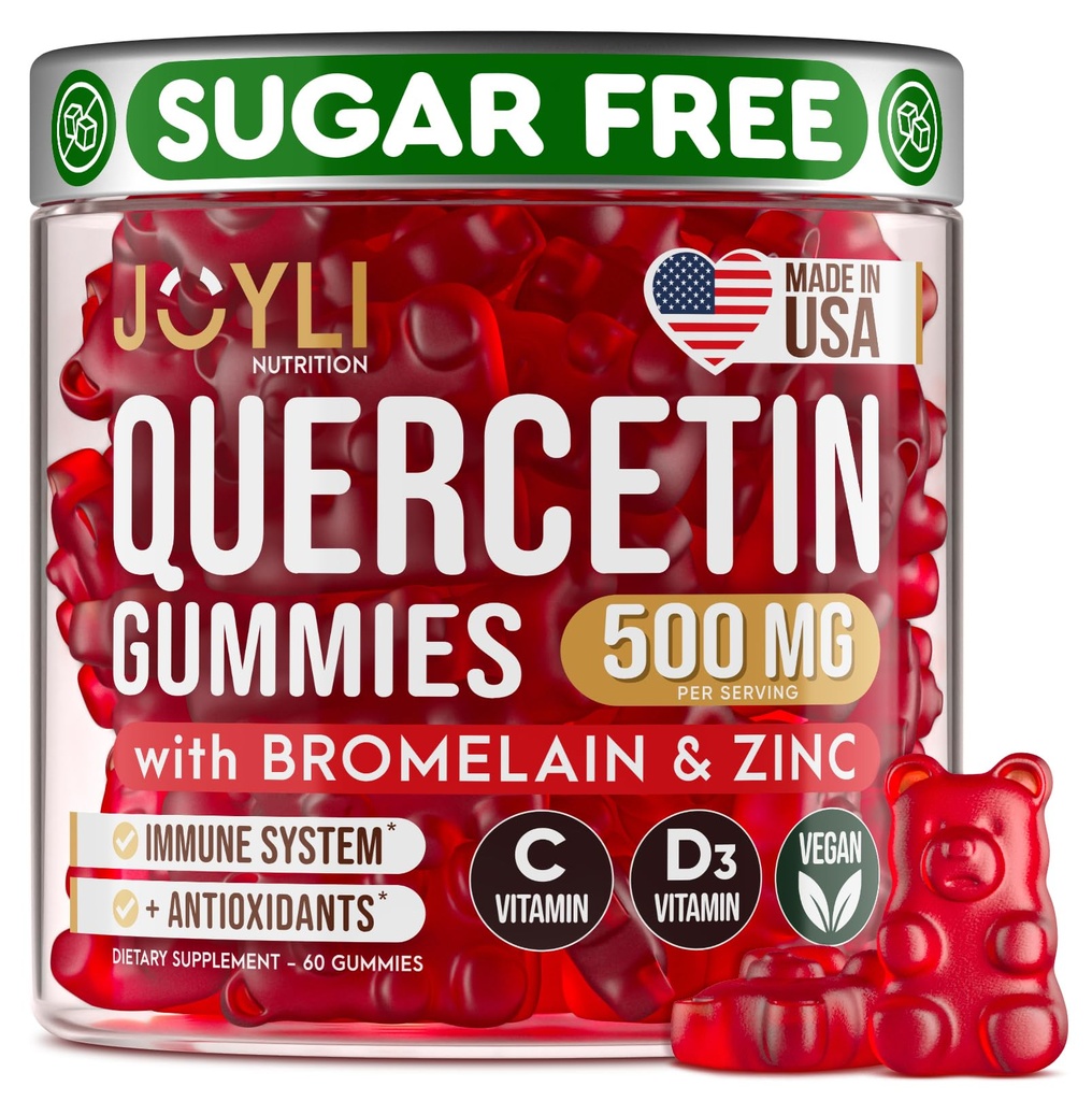 JOYLI Quercetin Gumies - Quercetin z bromelain cink vitamin C & vitamin D3 - Quercetin dodatek 500MG za imunski sistem in alergijo - Quercetin za otroke in odrasle - 60 Quercetin žvečljiv