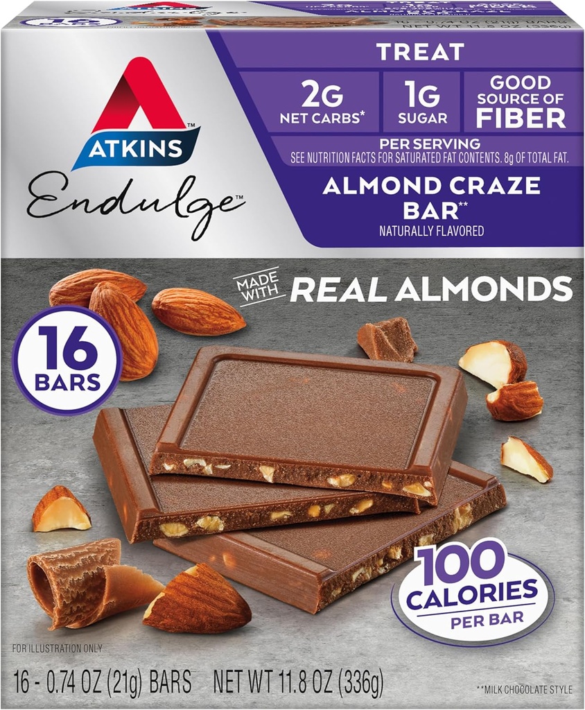 Atkins Endulge Treatment, Almond Craze Bar, 2g neto ogljikovih hidratov, 1g sladkorja, dober vir fiber, Keto prijazno, 16 grof