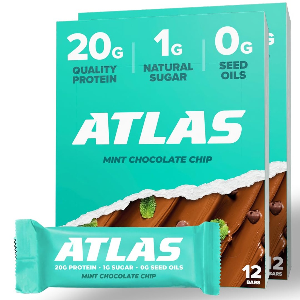 Atlas Protein Bar, 20g beljakovine, 1g sladkor, čiste sestavine, brez glutena, metin čokoladni čip (12 števk, pakiranje po 2)