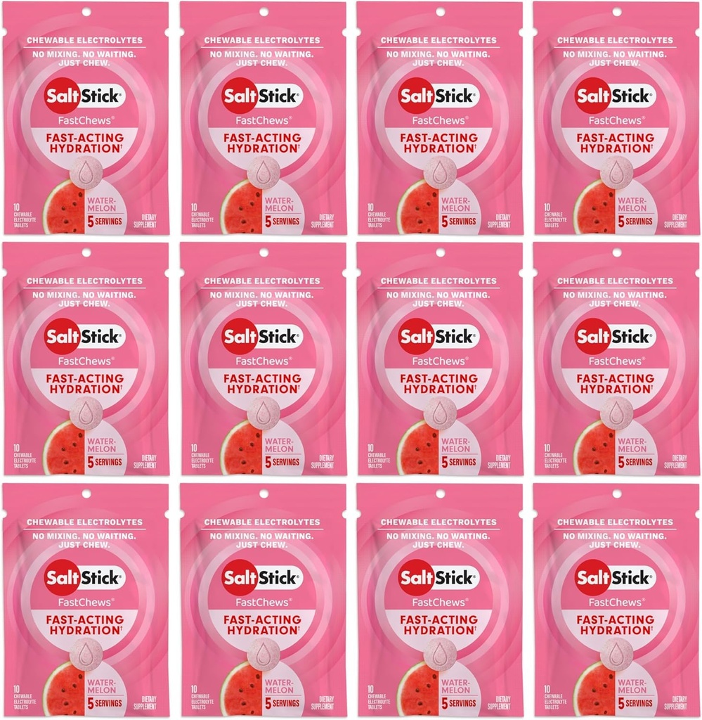 SaltStick Electrolyte FastChews - 120 Count Watermelon Flavor - Elektrolitske tablete za hidracijo, Sol Tabs - 10 Count (Pack of 12)