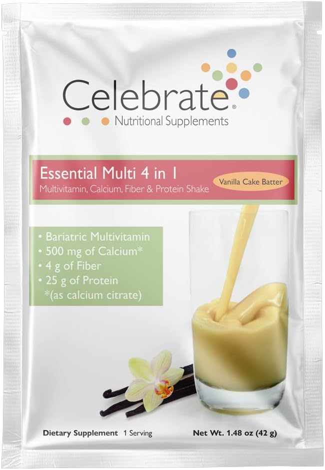 Praznujte vitamine 4-v-1 Bariatrični multivitaminski s kalcijevim citrat proteinom Shake, 500mg Kalcij, za postbariatrično kirurgijo, Vanilla Cake Batter, 15 Enojnih serverjev