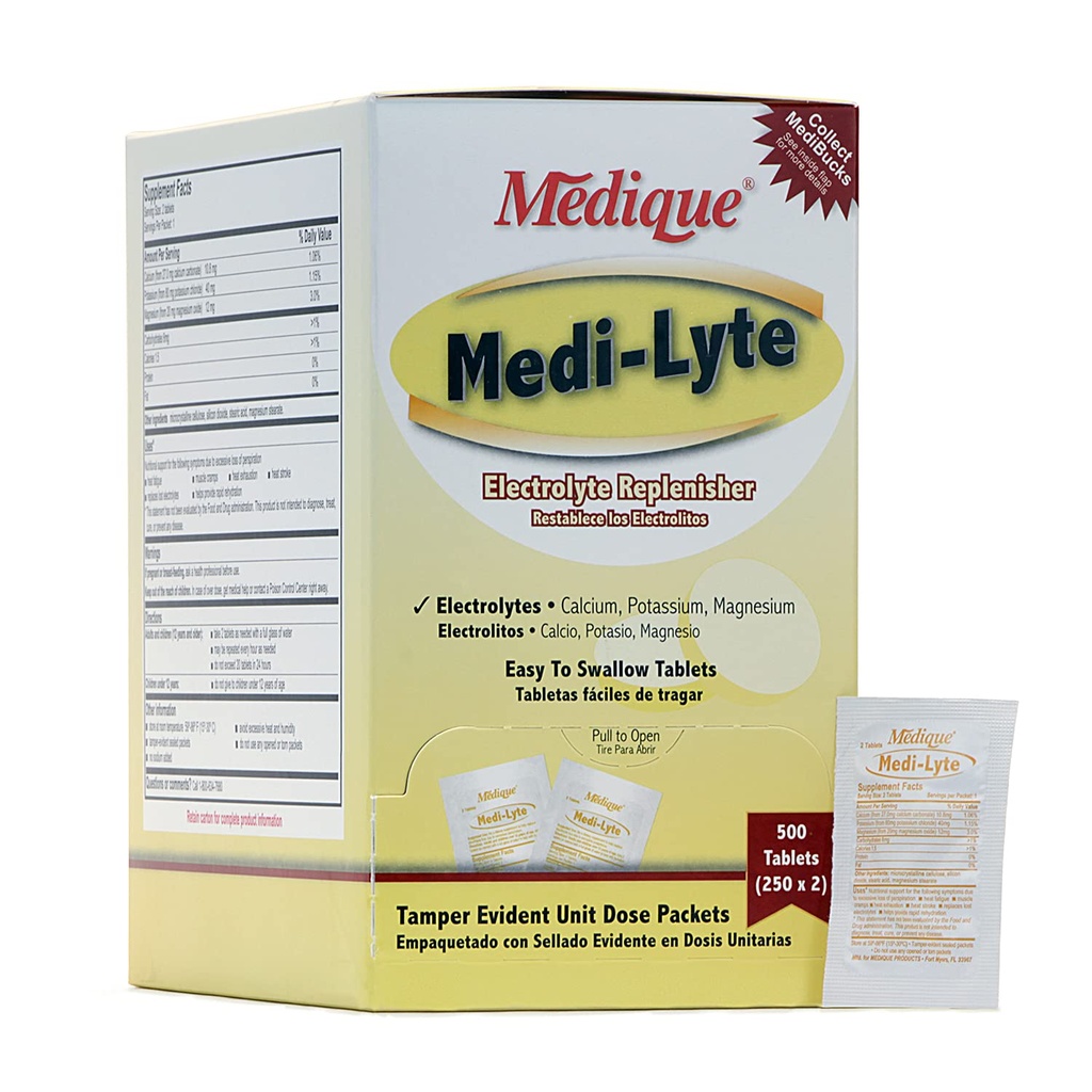 Medique Medi-Lyte Elektrolyte Replenisher, hitro lajšanje toplote, stres, utrujenost, in mišične kratice, Enostavno za pogoltniti tablete, 500 tablet (250 x 2)
