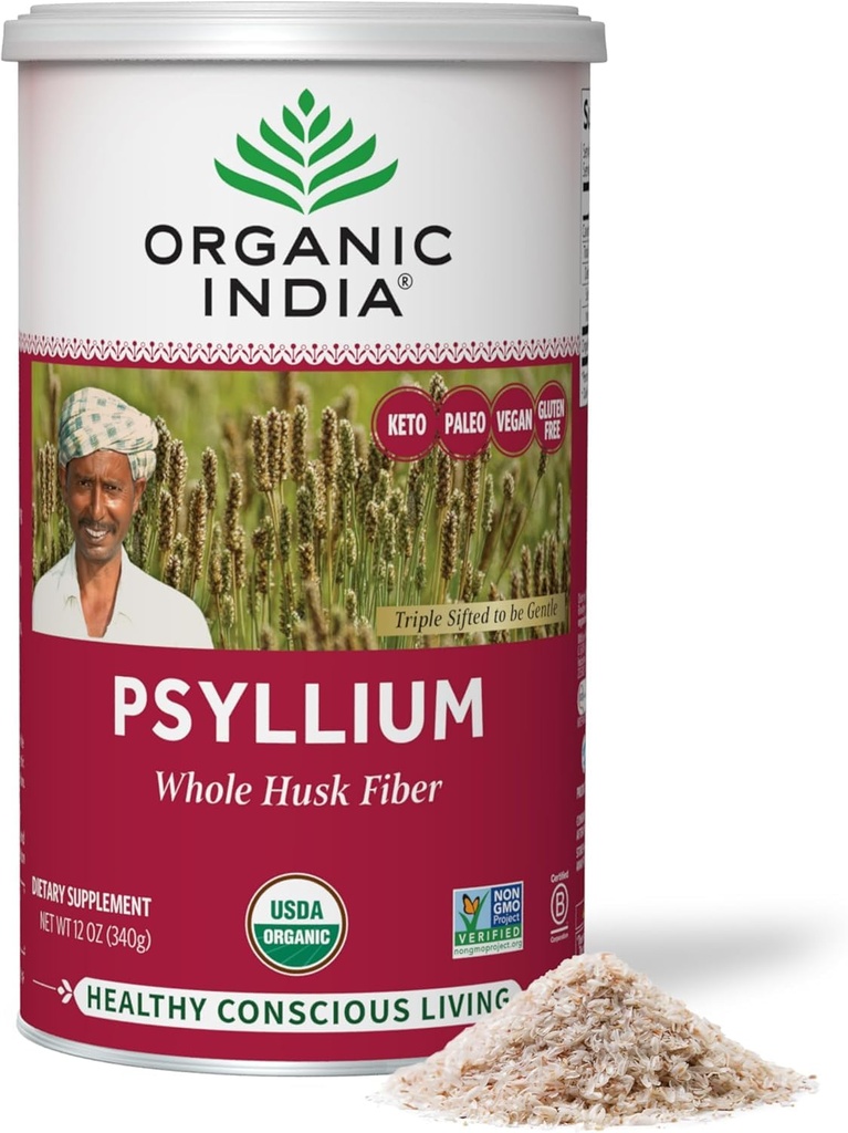 ORGANIC INDIA Cel Psylium Husk Powder Organic - Psyllium Husk Fiber Dodatek, Prebavna podpora, Vegan, Gluten-free, Ne-GMO, Topen in netopen Fiber Vir - 12 oz (Pack of 1)