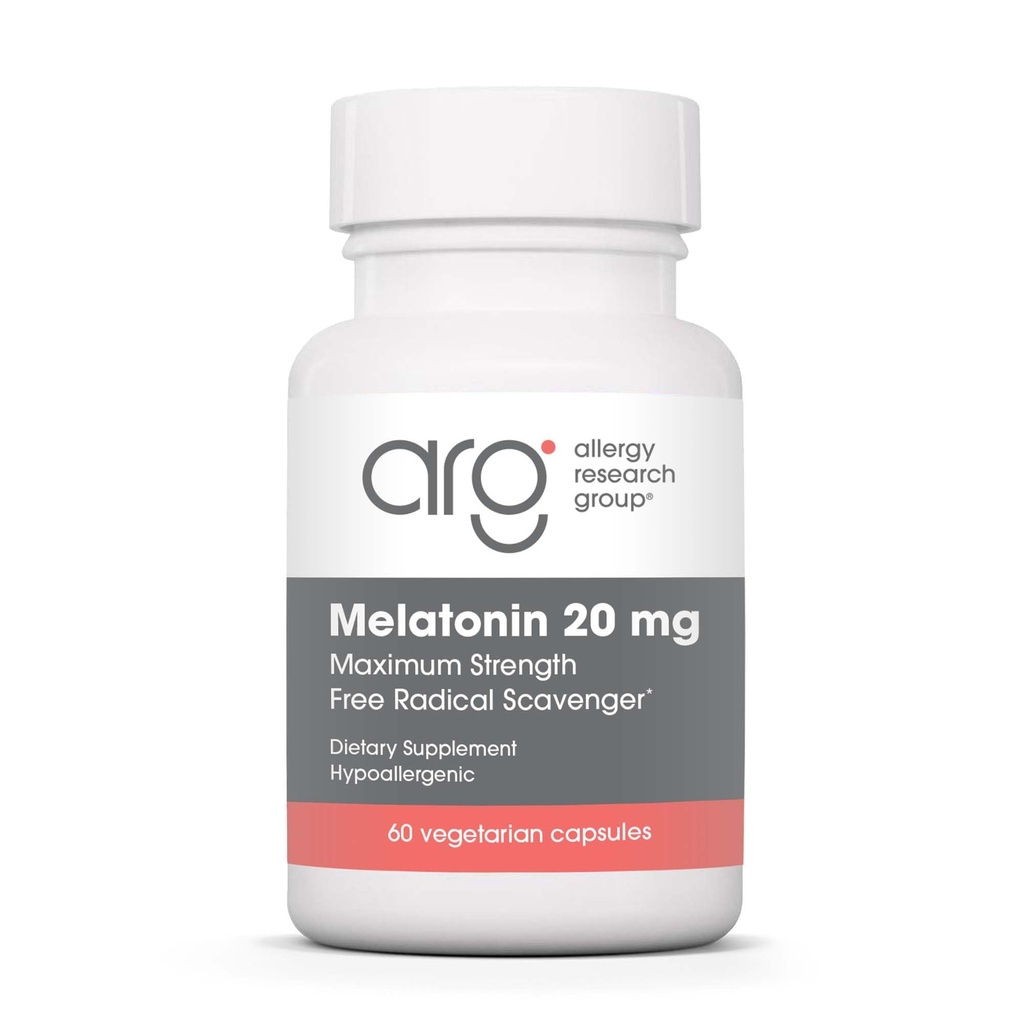 Alergija Raziskovalna skupina Melatonin 20mg - Čisti melatonin, dodatna moč za odrasle, pomoč v spanju, visok odmerek, vegetarijanske kapsule - 60