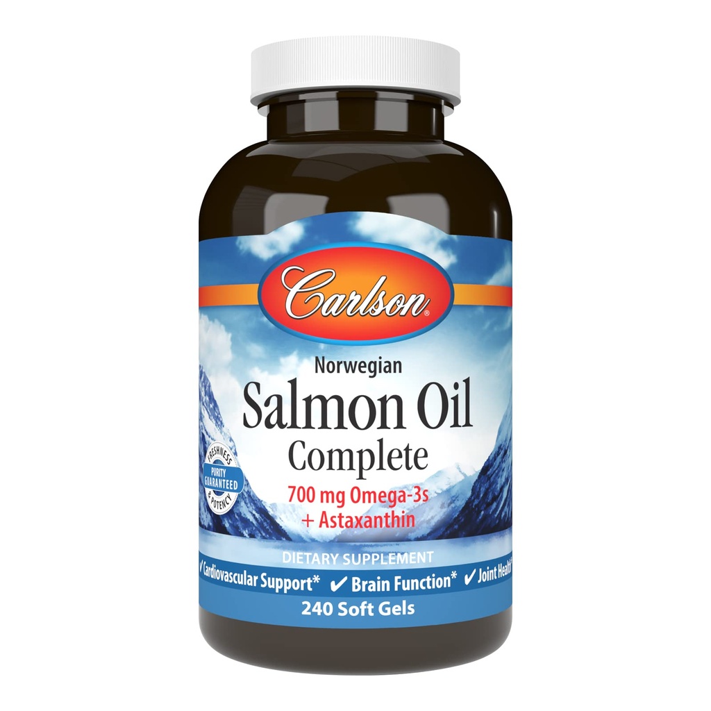 Carlson - Salmon Oil Complete, 700 mg Omega-3s + Astaksantin, Kardiovaskularna podpora, Možganske funkcije in skupno zdravje, Norvežan, 240 Softgels