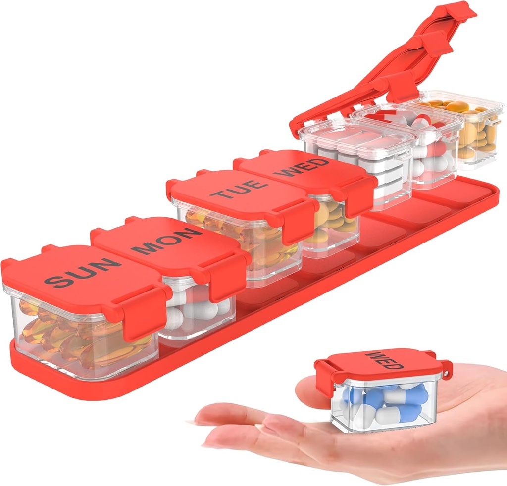 Ekstra velike tedenske tablete Organizator - vodoodporne 7-dnevne tablete Box, Prenosni vitamin in dopolnilno primeru, Enostaven za odprto oblikovanje, Idealno za potovanje a nd Daily Medication Management (rdeče)