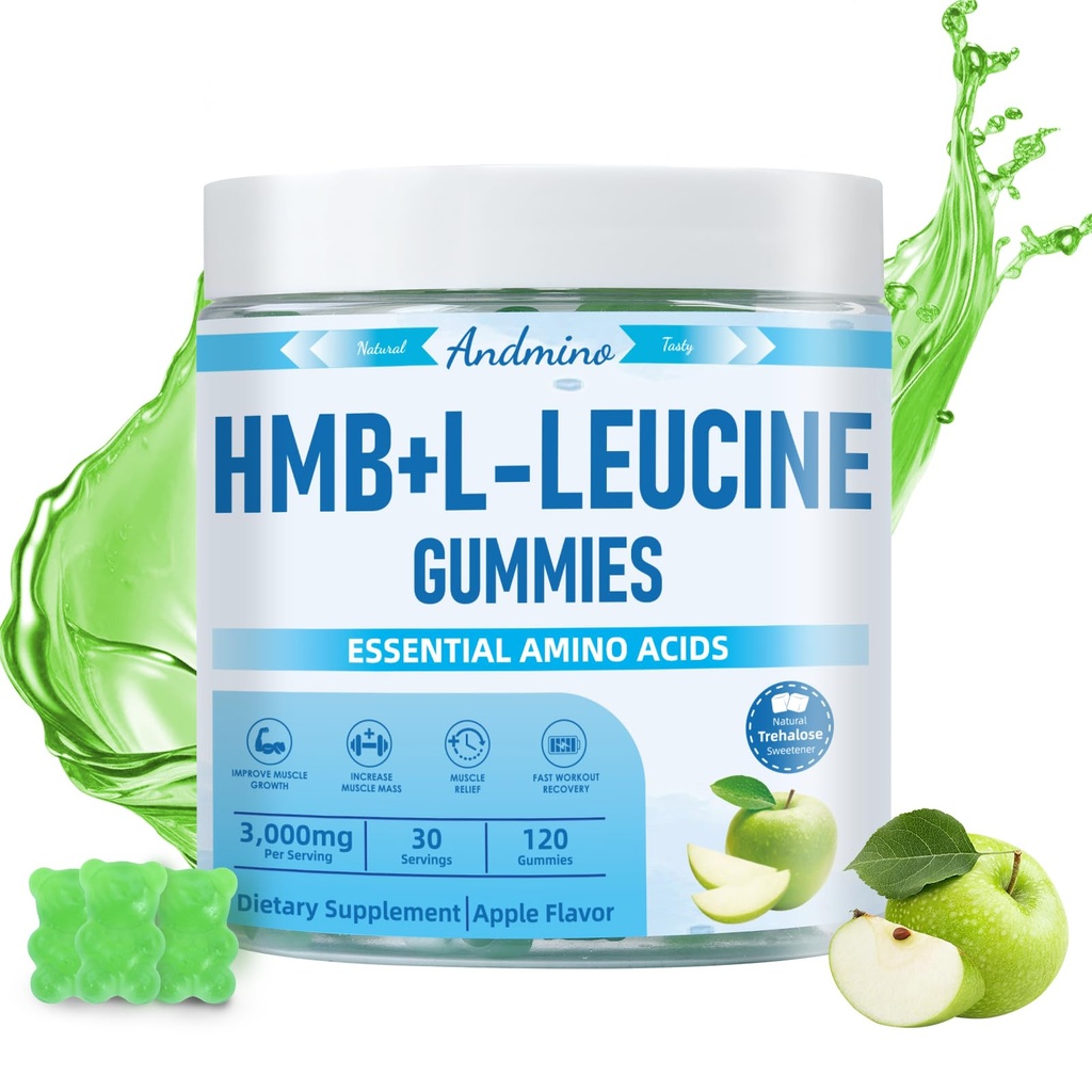 HMB in L-levcin Gumies, 3000 mg, s Trehalozo, za mišično rast, lajšanje mišic in okrevanje vadbe, za odrasle in starejše, Non-GMO, Vegan, Gluten Free, Apple Flavor, 120