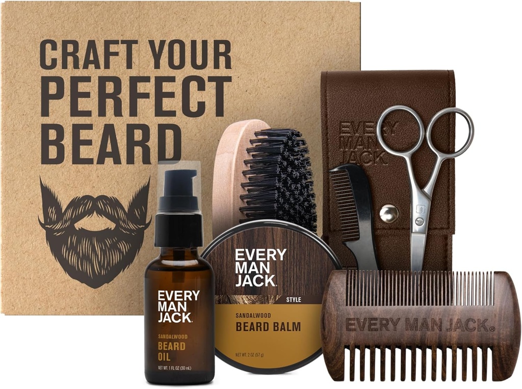 Vsak moški Jack Beard Grooming Kit za moške - vključuje sandalwood Brada olje in brada Balm, Brada Brush, Wooden dvostranski Comb, Trimming škarje in Mustache Comb