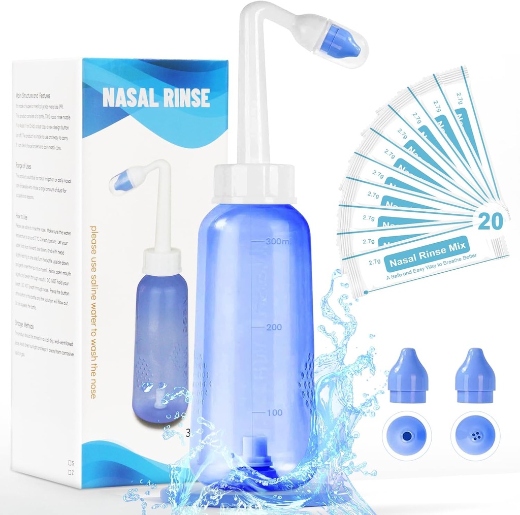 Neti Pot Sinus Rinse steklenica - Nežen nos Pranje steklenica Nos Čistilec za učinkovit tlak Irigatio 300 ML z 20 Nazal pranje sol paketi