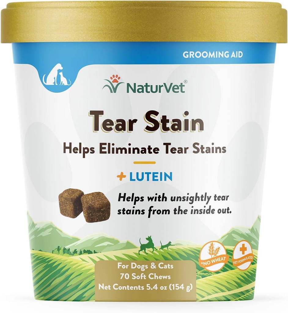 NaturVet – Tear Stain Plus Lutein – Odstranjuje grde tear Stains – Izvleček iz brusnic, korenino iz korenike in oregona – za pse in mačke – 70 mehkih žvečil