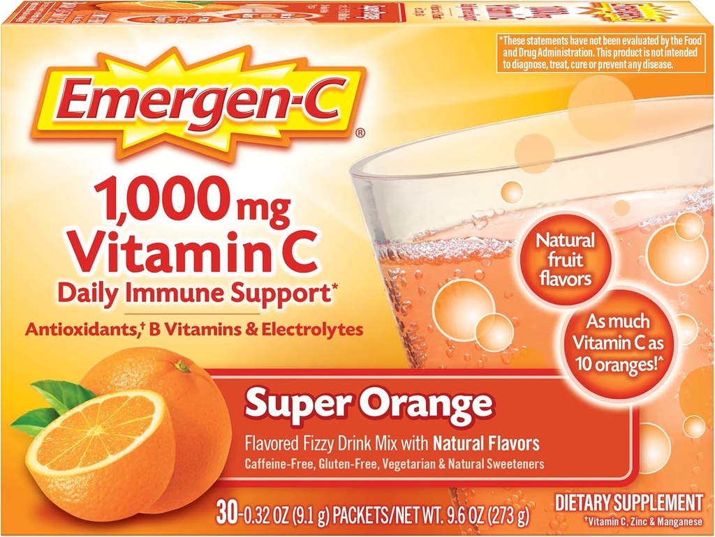 Emergen-C 1000mg Vitamin C Powder za dnevno imuno podporo Kofein Brez vitamina C Dodatki z cinkom in manganom, B Vitamini in elektroliti, Super Orange Flavor - 30 Count