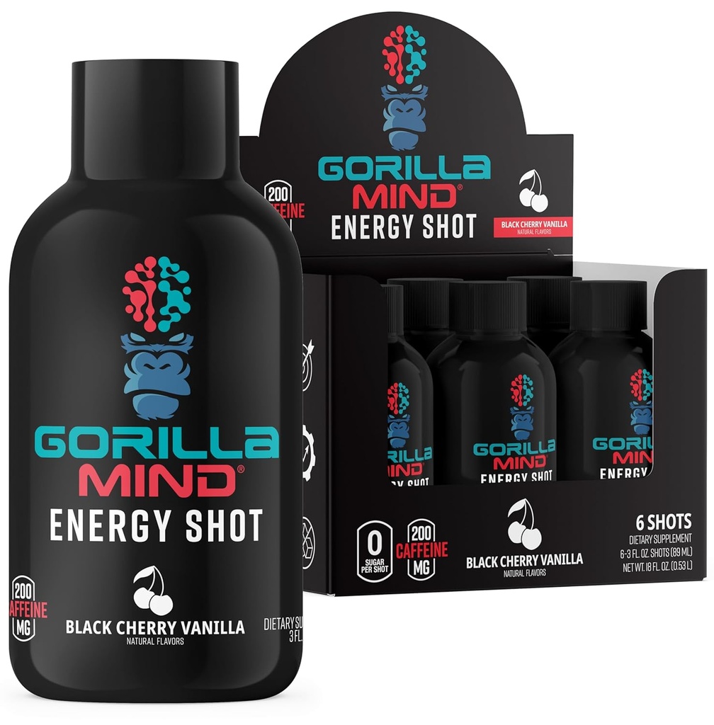 Gorila Mind Energy Shots (Pack od 6) - Izboljšano fokus & Energija, Sugar-free, hitro delovanje, Močna Formula z vitamini in naravnimi ekstrakti (Črna Cherry Vanilla)