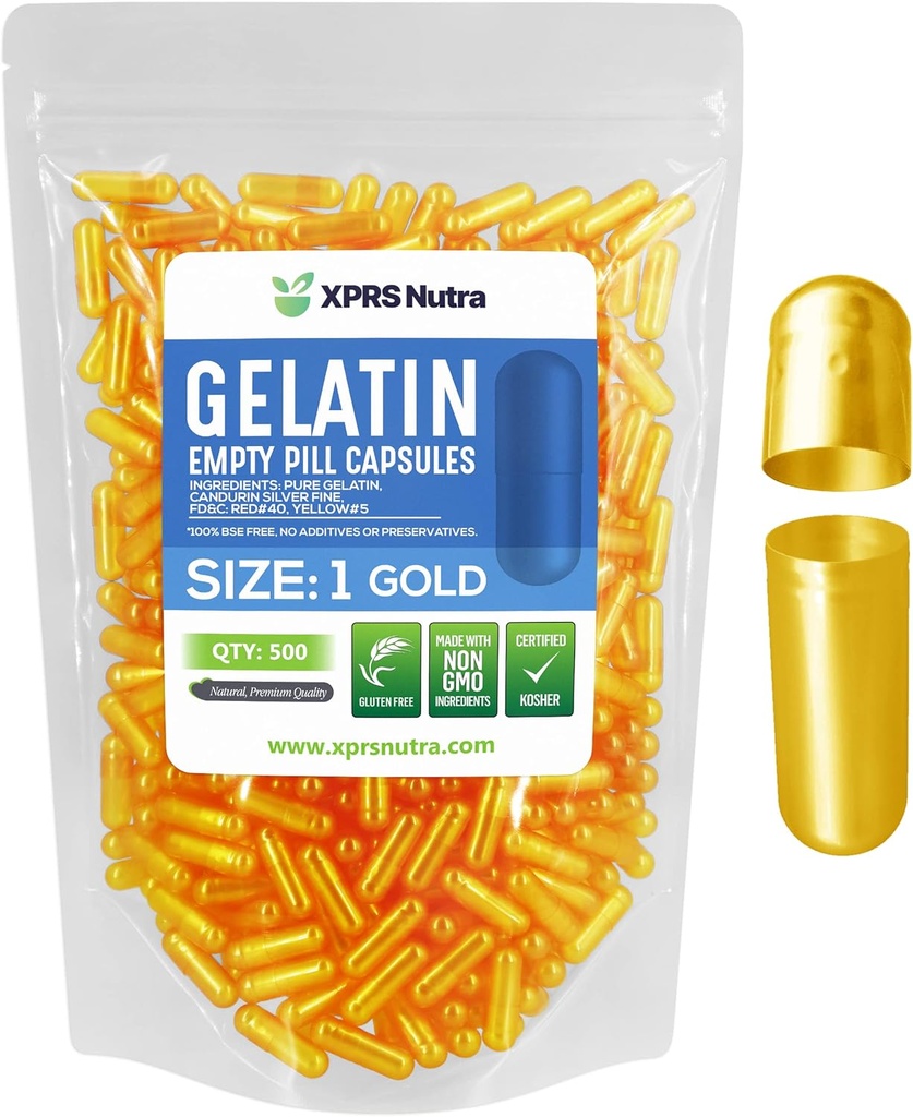 XPRS Nutra velikost 1 prazne kapsule - 500 Štetje praznih kapsul želatine - tablete DIY Kapsule Polnjenje - Čiste goveje tablete Gel caps za Do-it-Yourself Supplements (zlate)