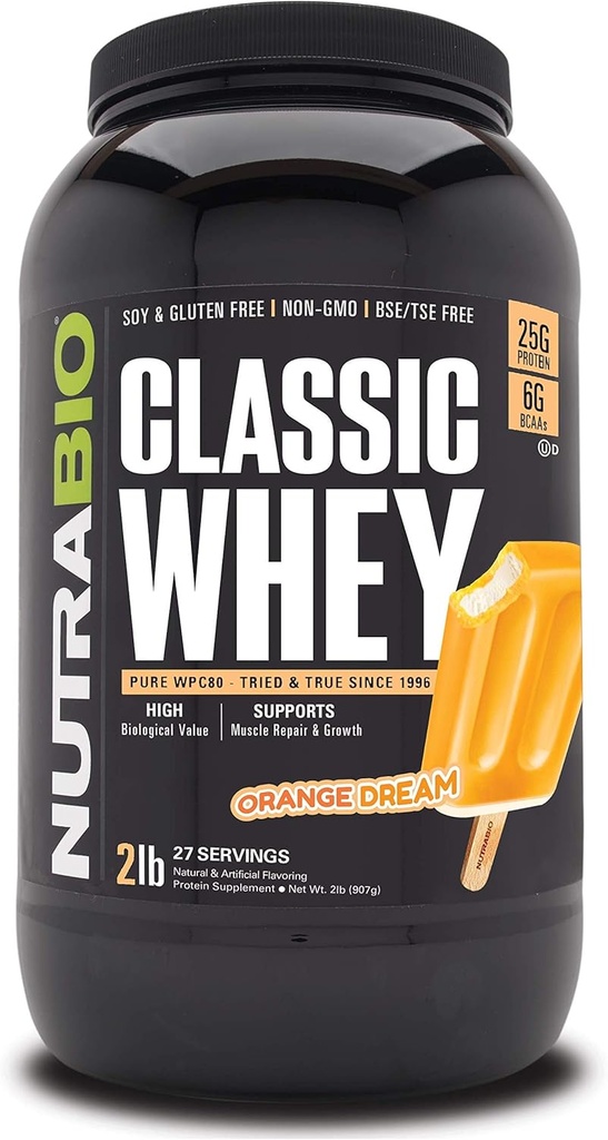 NutraBio Classic Whey Protein Powder- 25G proteinov na Scoop - Celoten Spectrum Amino Acid Profil - Brez polnil, umetne barve, konzervansov - Oranžne sanje, 2 funta