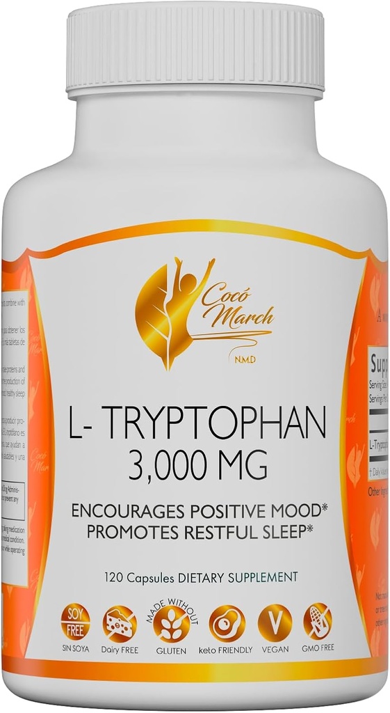 Cocó March N.M.D L-Tryptofan Pomoč za spanje 500 mg, Gluten Free, Vegan, GSO brezplačno, Mlečni, Keto prijazno, Soy Free - 30 Služabniki