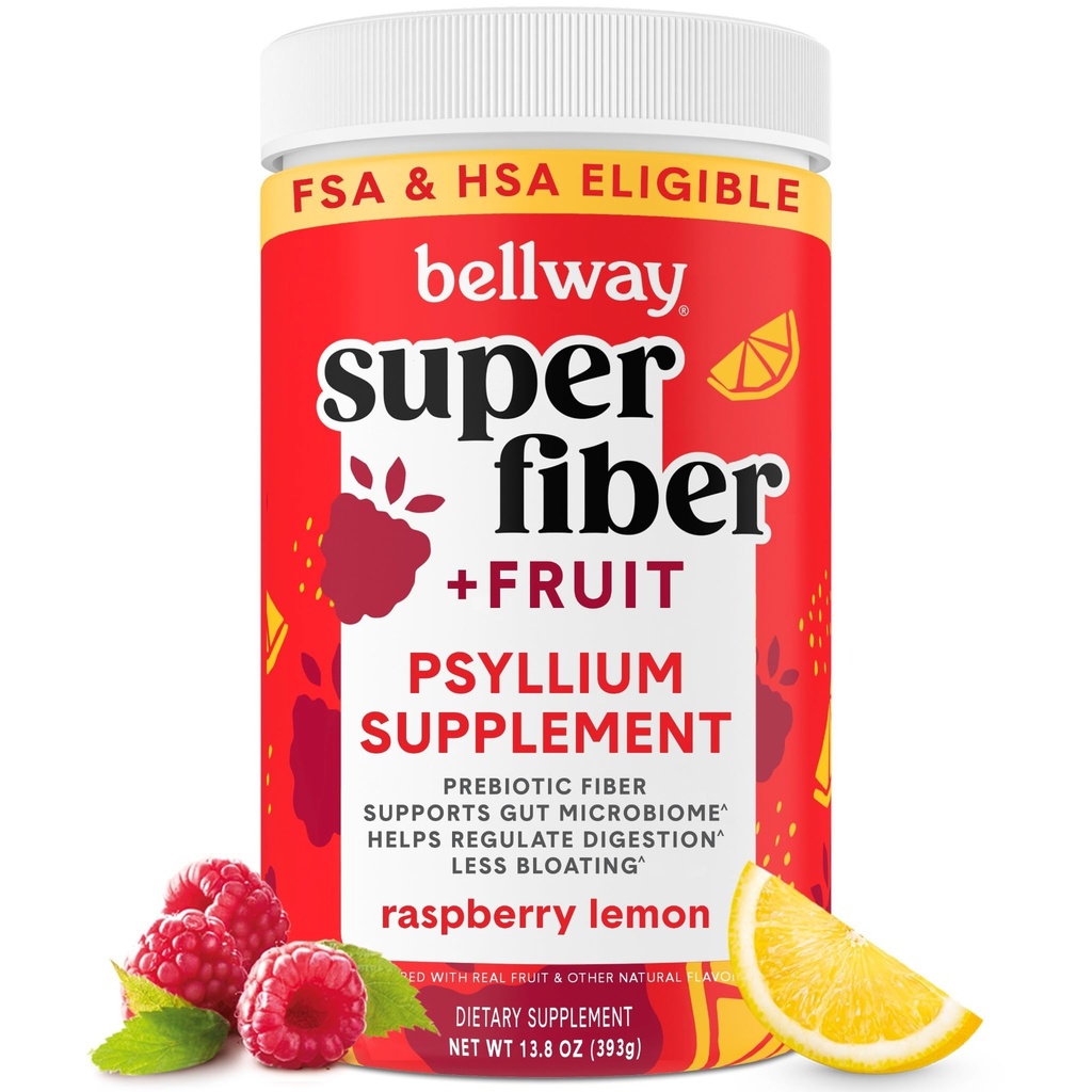 Bellway Super Fiber Powder + Sadje, Brez sladkorja Organski Psyllium Husk Powder Fiber Dopolnilo za regularnost, Bloating Relief & Prebavna zdravje, rastlinsko-bazen, malina limona (50 strežnice)