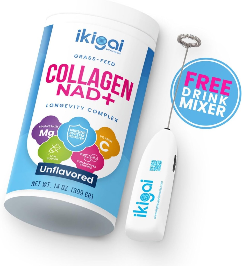 Ikigai Collagen z NAD+ (30 strežnikov) - Ne-GMO, Gluten-free, Paleo, Kosher - Brez arome, Vključuje brezplačno mešalec pijače