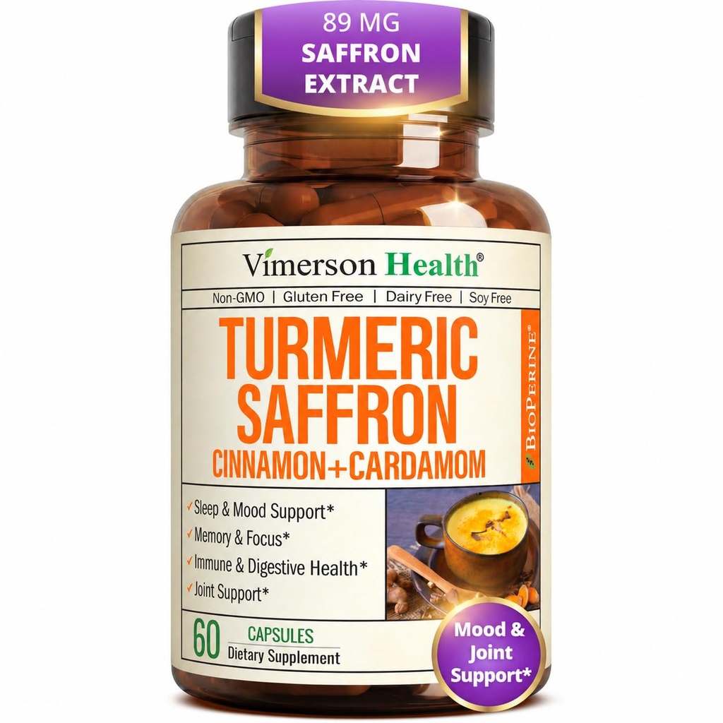 Saffron dopolnila – 89mg Saffron Extract in 1000mg Tumerska mešanica – Kurkuma dodatek s Ceylon Cinamon in Cardamom za Mood, Spomin in zdravje oči – Skupni dodatki za ženske in moške – 60 Count