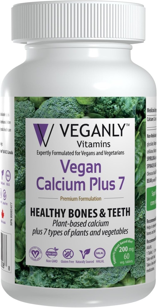VEGANLY Vitamini- Veganski kalcij Plus 7 za zdrave kosti in zobe (60 kapsul) Rastlinsko-bazen dodatek