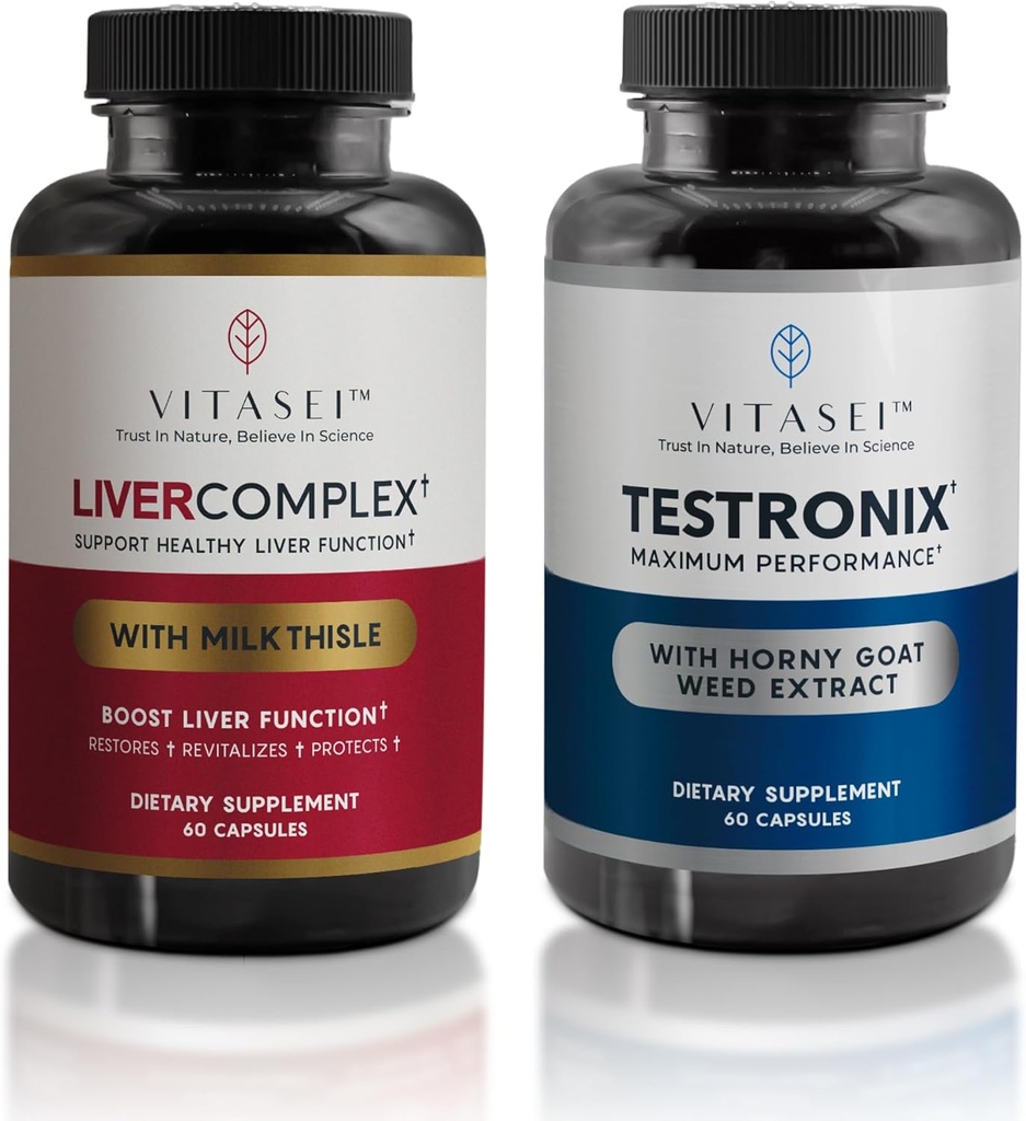 VITASEI Jetrno čiščenje Detox in popravila, Jetrno kompleksne kapsule za ženske in moške (60 kapsul) + Obnovitveni odmerek Testronix za moške (60 kapsul)