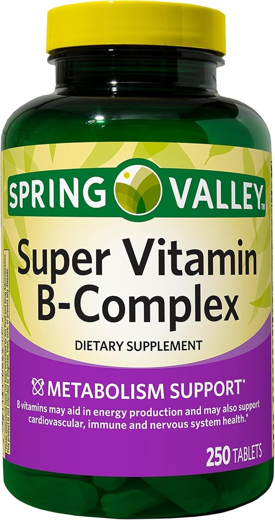 Augu Spring Valley Super Vitamin B-kompleks, Presnova Podpora, Tablete Prehranska dopolnila, 250 Število