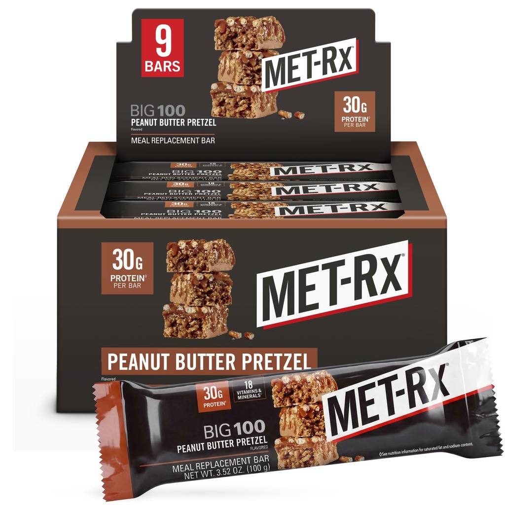 MET-Rx Big 100 Kolosalne proteinske čokoladice, Super kot zdravo obrok zamenjavo, prigrizek, in pomoč podporo energije, arašidovo maslo Pretzel, z vitaminom A, vitamin C in cink, 100 g, (paka 9)