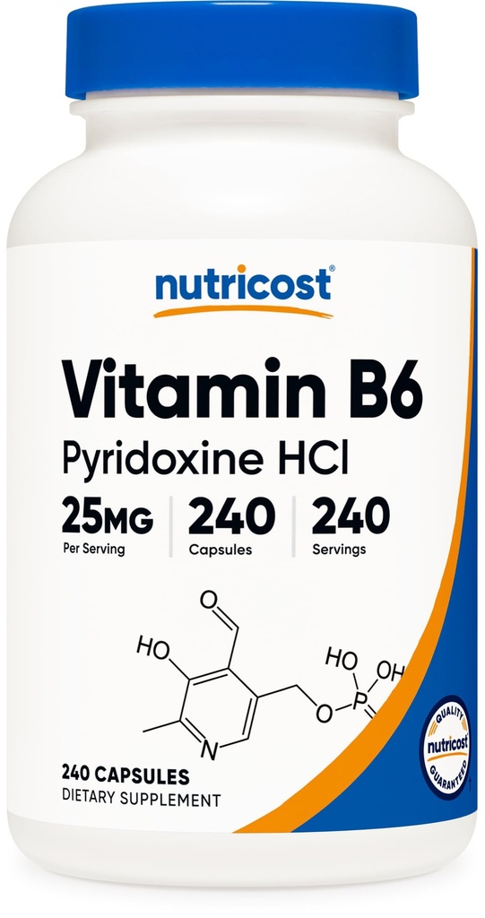 Nutricost Vitamin B6 (Piridoksin HCl) 25 mg, 240 Kapsule - brez glutena in vegetarijancev
