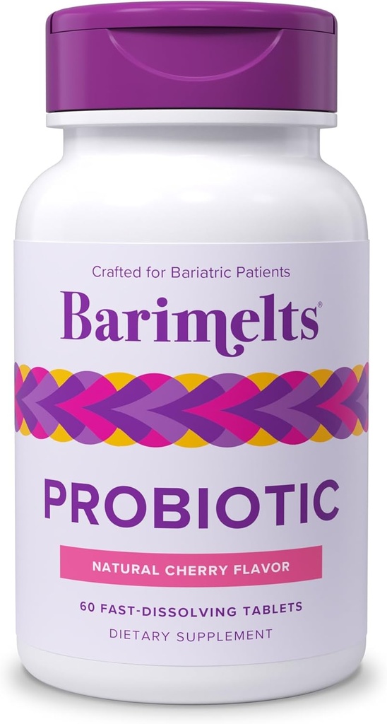 Barimelts probiotik, 5 milijard CFU - 60 hitro raztapljajoče tablete (2-mesečna zaloga) - brez sladkorja probiotiki za ženske, podpora Gut zdravje po bariatrični kirurgiji, naravna Cherry aroma