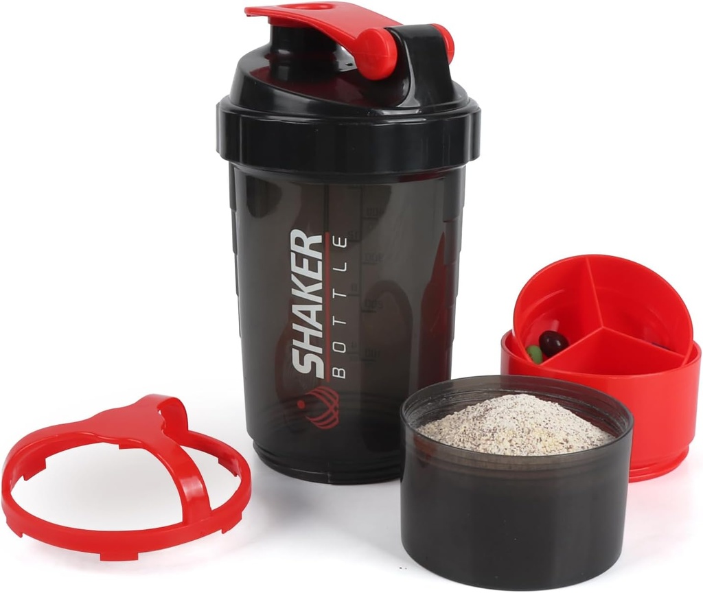 Shaker steklenica,16oz Protein Shaker steklenice z mešalno kroglico, 3 v 1 Puh-proof GYM Shake Cup s praškom shranjevanje in tablete pladenj, idealen za vadbe,BPA brezplačno (rdeče)