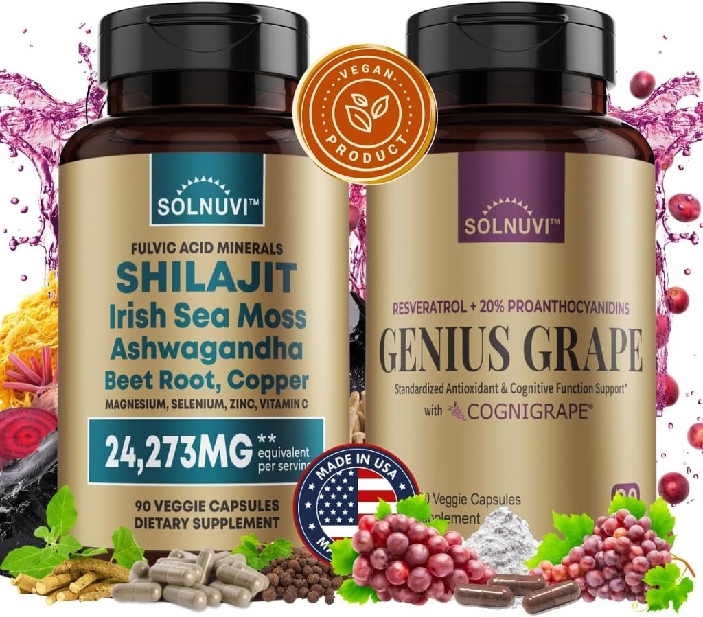 Cognitive Wellness Bundle - Resveratrol Complex & Shilajit Fulvic Acid Minerals - Sea Moss, Ashwagandha, Klinično preizkušen Cognigrape Red Grape Extract - Ne-GMO, Gluten-free, Veganski dodatek