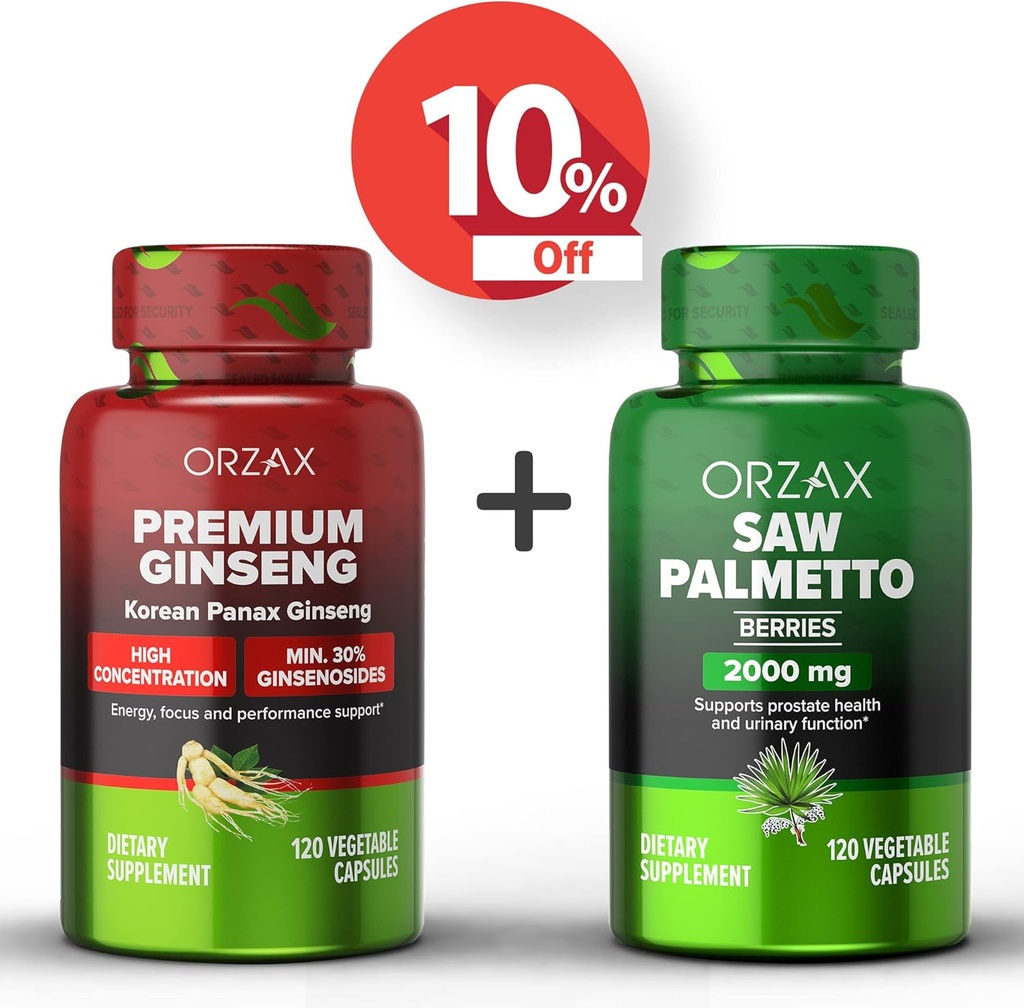 ORZAX ginseng, 30% ginsenozidov 120 Vegabilne kapsule in žaga Palmetto 2000 mg 120 Zelenjavne kapsule