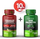ORZAX ginseng, 30% ginsenozidov 120 Vegabilne kapsule in žaga Palmetto 2000 mg 120 Zelenjavne kapsule