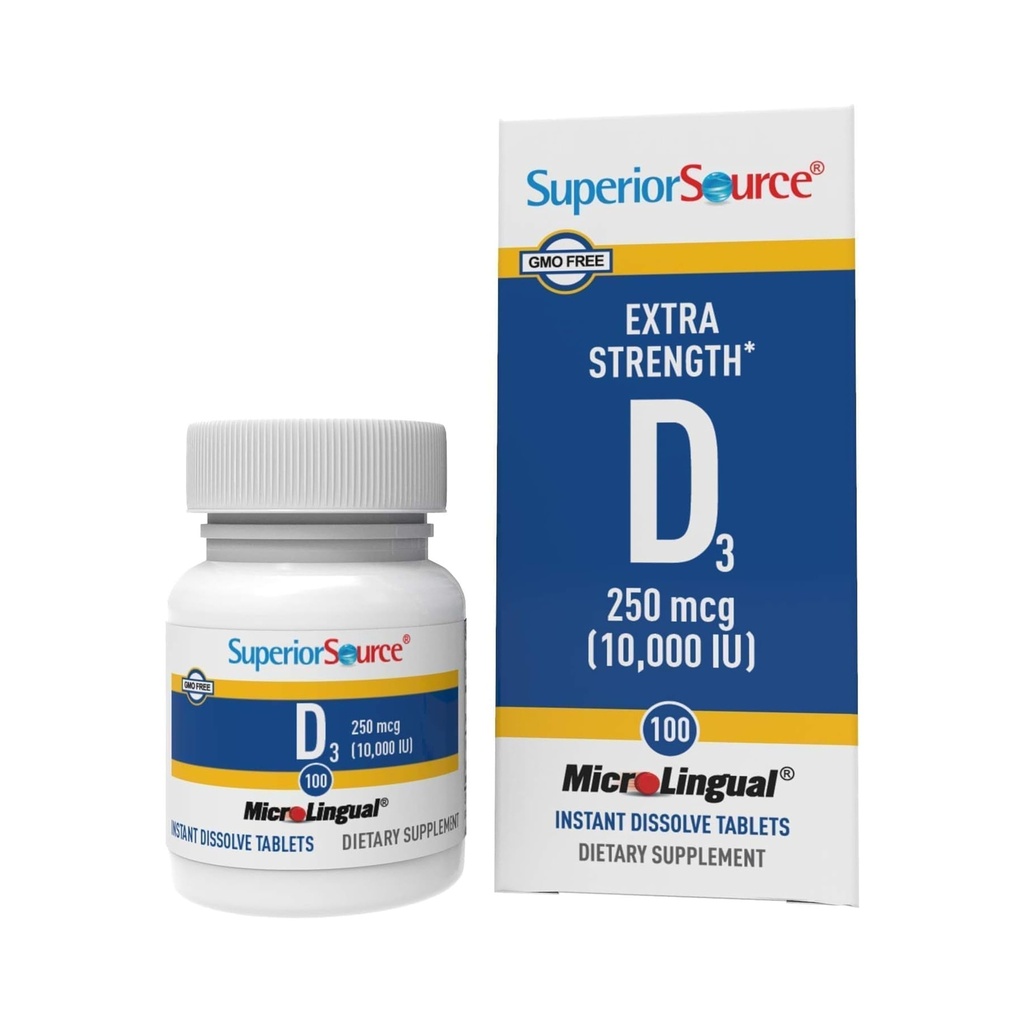 Superior Source Vitamin D3 10000 i.e., Quick Dissolve MicroLingual tablete, 100 Štetje, Pomaga spodbujati močne kosti in zobe, Imunska podpora, Pomaga ohraniti zdravo delovanje mišic, Non-GMO