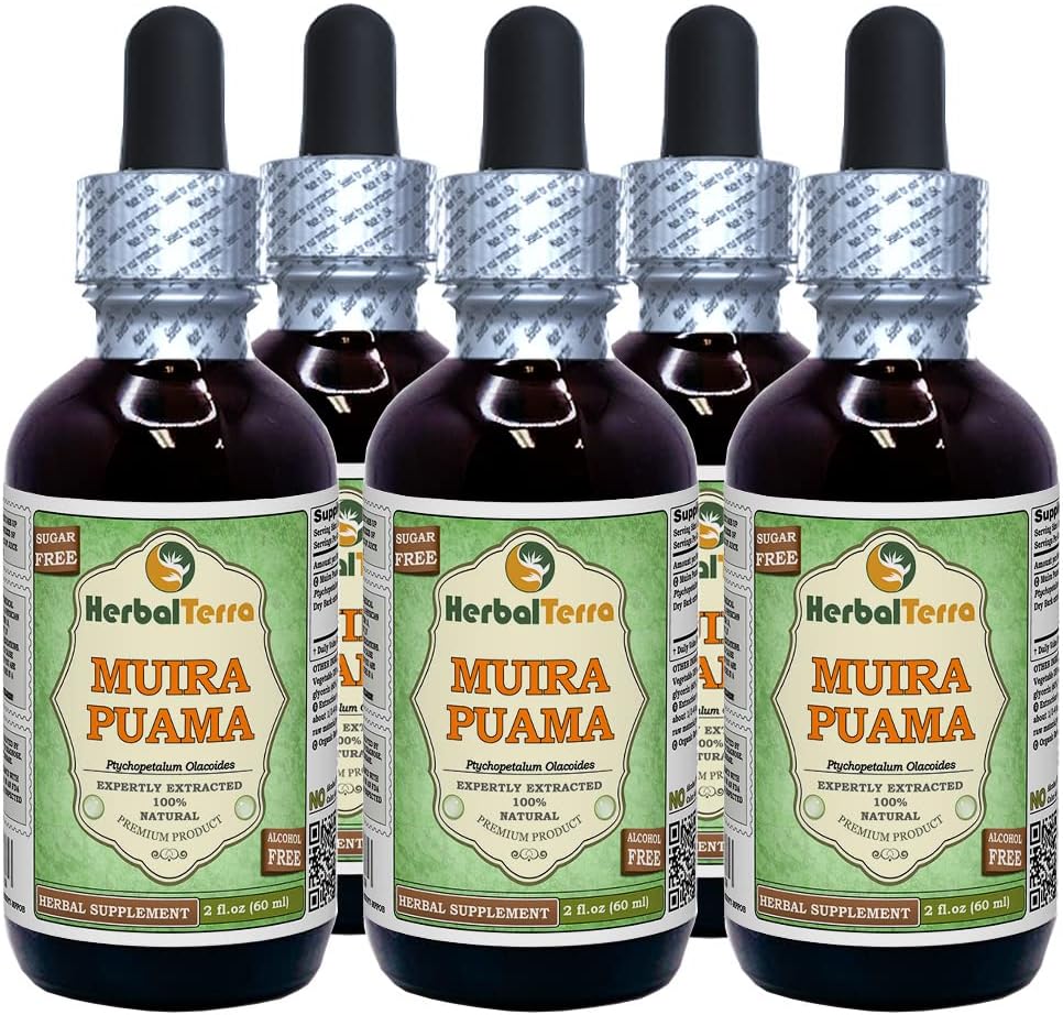 Muira Puama (Ptychopetalum Olacoides) Glicerit, Tekoči ekstrakt brez alkohola (Brand Name: HerbalTerra, Proudly Made in USA) 5x2 fl.oz (5x60 ml)