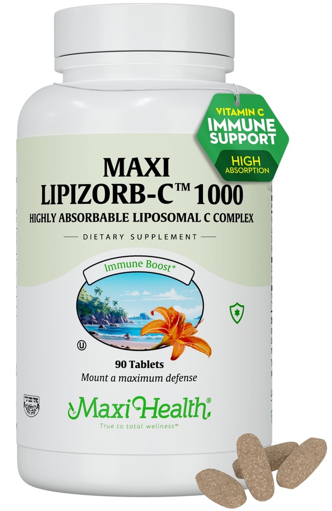Maxi Health Liposomal Vitamin C 1000 mg Tablete z digestivno mešanico, visoko dozo vitamina C, brez GSO Košir Vegetarijanski zdravnik Formulirana Imunska podpora dodatek (90 število)