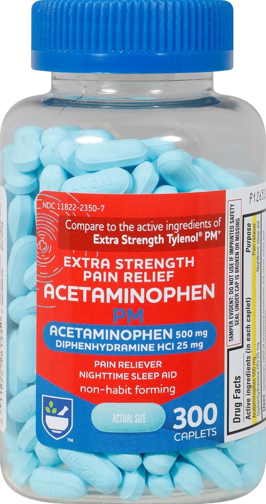 Rite Aid Extra Strength Pain Relief Acetamofen PM Caplets, 500mg acetataminofen / 25mg difenhidramin - 300 Count - nočna bolečina Reliever + spalna pomoč