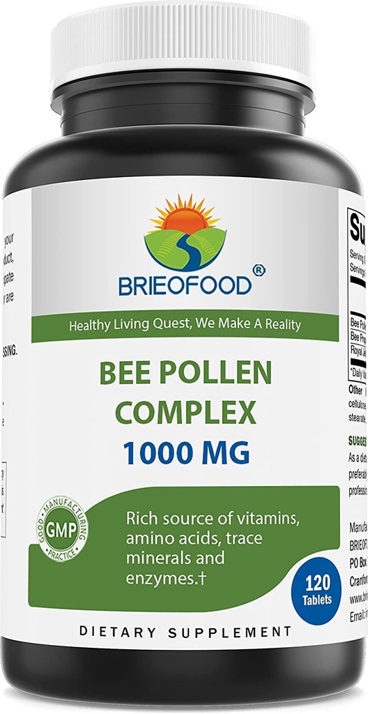 Brieofood Bee Pollen Complex 1000 mg 120 Tablete - narejene z Bee Pollen, Bee Propolis, & Royal Jelly Powder