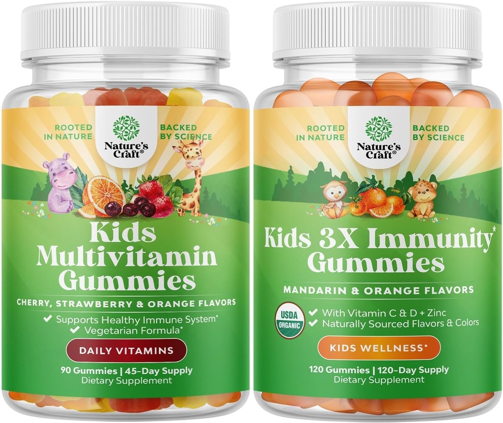 Večvitaminski žvečilni gumiji na osnovi rastlin - z vitamini A, C, D3, E, B6 & B12, cink in jod in organski otroci Imunska podpora Gumies - Veganski organski vitamin D z vitaminom C in cink