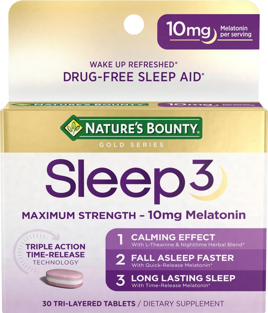 Narava Bounty Melatonin, Sleep3 Največja moč 100% brez drog Pomoč za spanje, L-Theanine & Nighttime Zeliščna mešanica tehnologija za sprostitev časa, 10mg, 30 Tri-Layered tablete