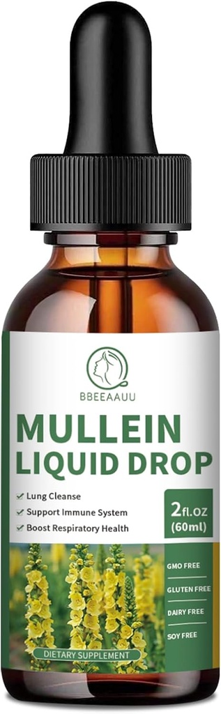 Mullein kapljice za pljuča, Mullein Leaf Extract 1000MG za dihala, Imunska in prebavna podpora, s Quercetin, Marshmallow, Elderberry, Black Cumin Seme, Bromelain, Non-GMO, Vegan, 2 Fl Oz