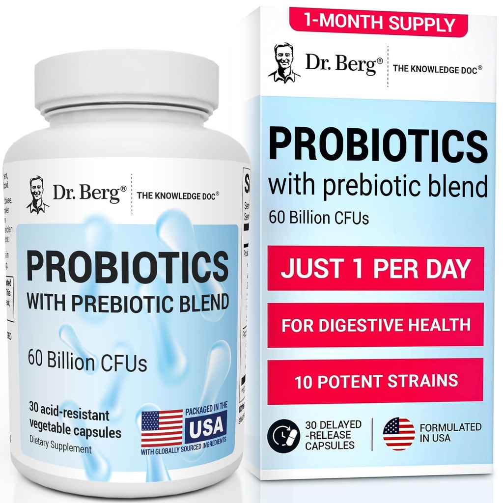 Dr. Berg Probiotic Supplement (60 milijard CFUs) - pomaga Ease občasno zaprtje, driska, plin in napenjanje* - Pre in probiotiki za digestivno zdravje - 30 probiotičnih kapsul