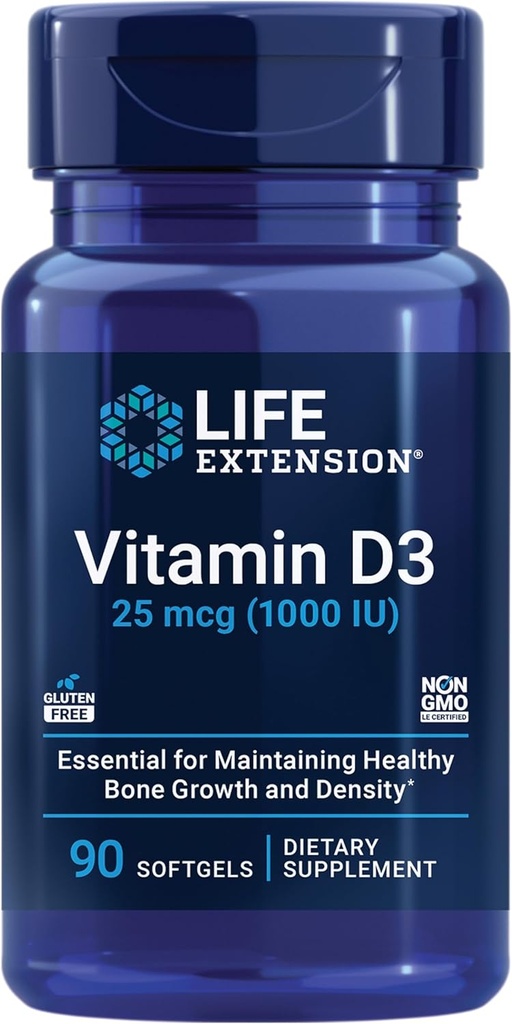Life Extension Vitamin D3 25 μg (1000 i.e.), Podpora imunskemu sistemu, zdravje kosti, zdravje celega telesa, velikost vrednosti, brez glutena, ne-GMO, 90 kapsul