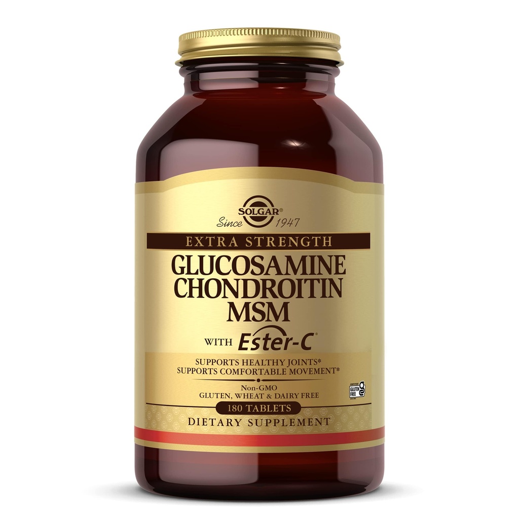Solgar Extra Jakost Glukozamin Chondroitin MSM w/ Ester- C, 180 Tablete - spodbuja zdrave sklepe, podpira udobno gibanje in kolagen formacijo - Non-GMO, Gluten No, Dairy No - 60 Servings