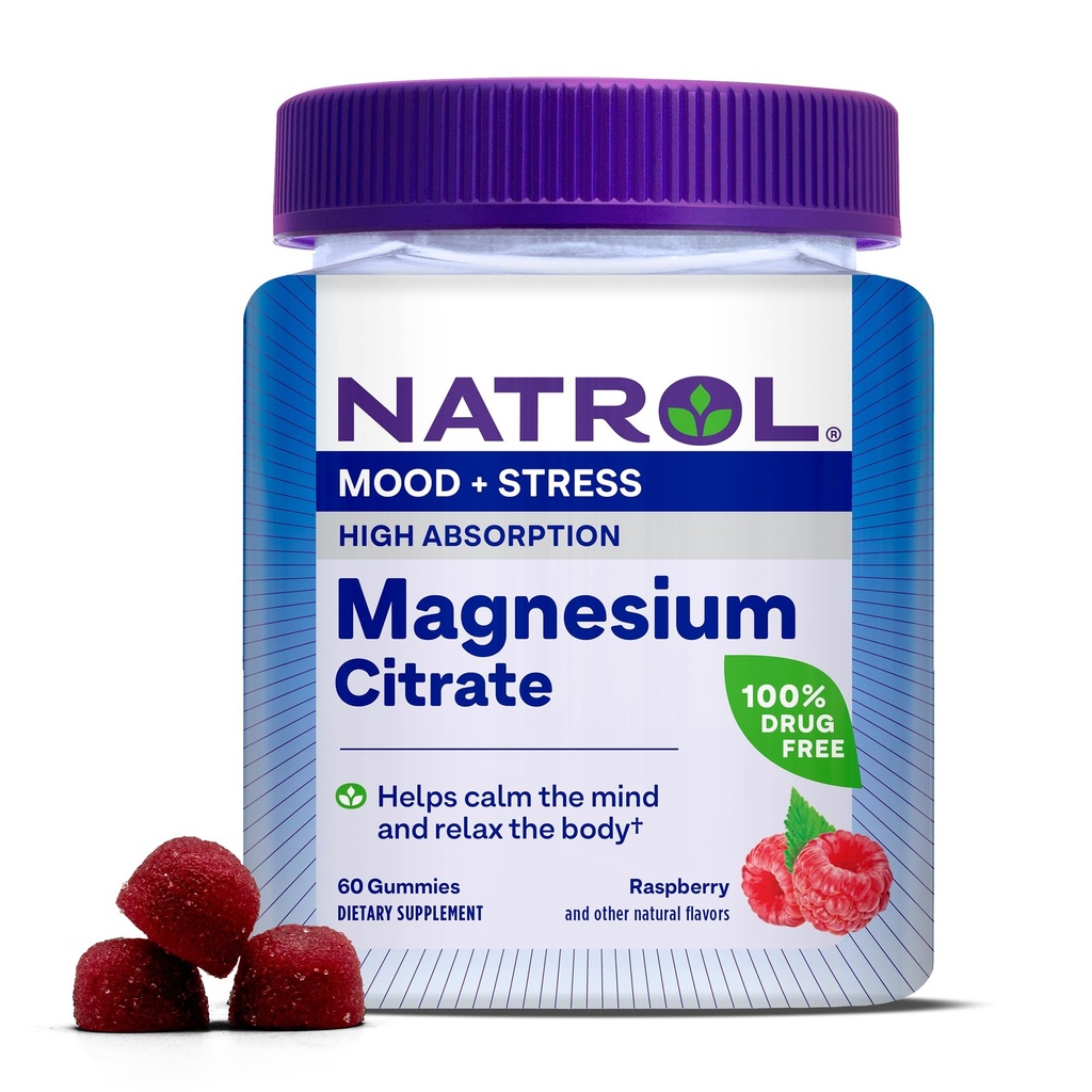 Natrol Magnezijev citrat, visoka absorpcija Magnezijev dodatek za razpoloženje in stres, pomaga pomiriti um in sprostitev telo, 60 Raspberry Flavored Gummies, Do 30 dni dobave