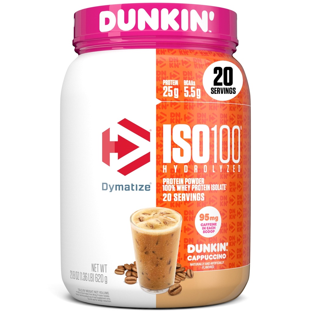 Dymatize x Dunkin' Cappuccino ISO100 Whey Protein Powder, 95mg kofein, 25g Protein5.5g BCAA, 120 Cal., Gluten Free, 1g maščobe, 1g sladkorja, 2g ogljikovih hidratov (20 servivov)