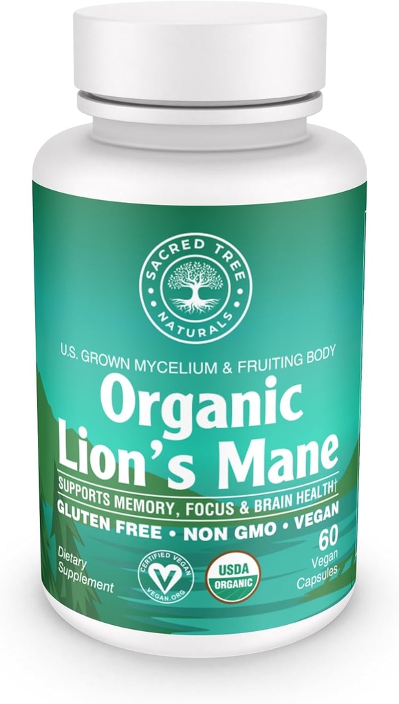 Kapsule glive Ekološka levja griva - 1.000 mg Visoka moč - Brain Boost, Fokus & Imunska podpora - Non-GMO, Vegan, 60 Count