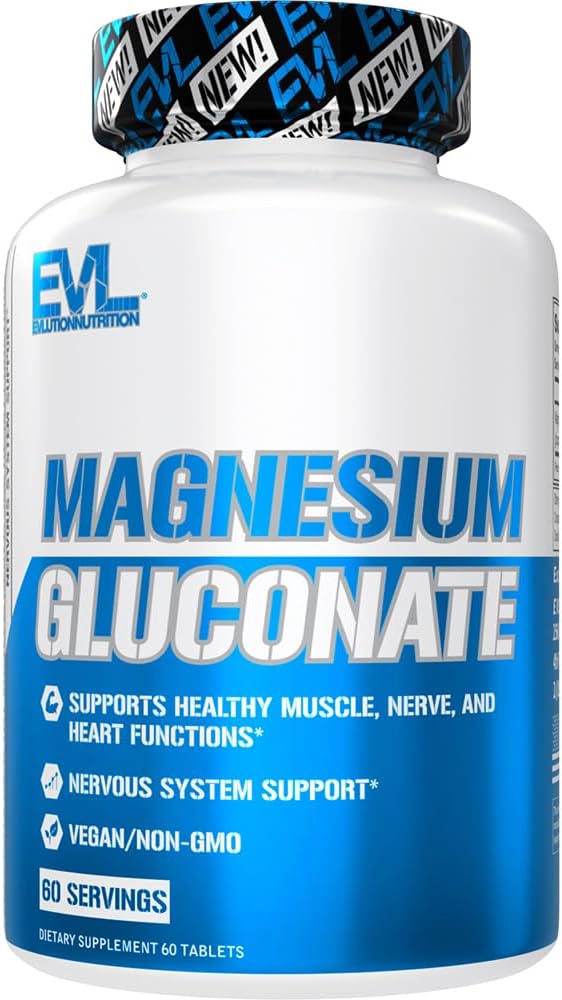 Evlution Nutrition Magnezijev glukonat - Muscle + Živec + Heart Health Supplement - Podpora živčnega sistema - Vegan & Non-GMO - 60 Servisi